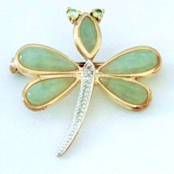 💲SALE💲 Natural Jade Dragonfly Pin/Pendant 14K/.925 Sterling Silver - Picture 1 of 4